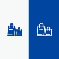 bolso bolso compras tienda línea y glifo icono sólido bandera azul vector