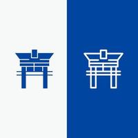 puerta puente china línea china y glifo icono sólido bandera azul vector