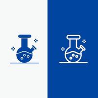 matraz de demostración laboratorio línea de poción y glifo icono sólido banner azul línea y glifo icono sólido banner azul vector