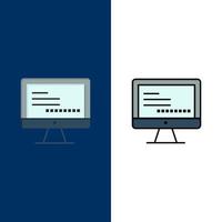 Computer Monitor Text Education  Icons Flat and Line Filled Icon Set Vector Blue Background