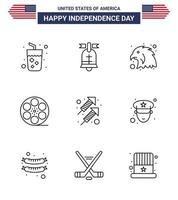 conjunto de 9 iconos del día de los ee.uu. símbolos americanos signos del día de la independencia para la celebración de fuegos artificiales juego americano animal editable elementos de diseño del vector del día de los ee.uu.