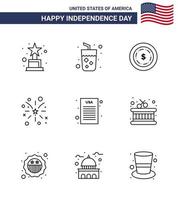 Line Pack of 9 USA Independence Day Symbols of drum declaration of independence dollar declaration american Editable USA Day Vector Design Elements