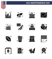 4 de julio estados unidos feliz día de la independencia icono símbolos grupo de 16 glifos sólidos modernos de tambor estados unidos arma mapa unido editable día de estados unidos elementos de diseño vectorial vector