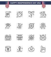 Happy Independence Day Pack of 16 Lines Signs and Symbols for thanksgiving american food symbol american Editable USA Day Vector Design Elements