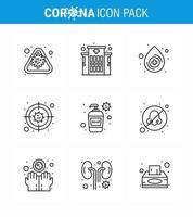 Coronavirus Precaution Tips icon for healthcare guidelines presentation 9 Line icon pack such as soap bottle blood virus bacteria viral coronavirus 2019nov disease Vector Design Elements