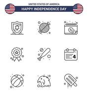 feliz día de la independencia paquete de 9 líneas signos y símbolos para la medalla de murciélago día de la independencia americana elementos de diseño vectorial editables del día de estados unidos vector