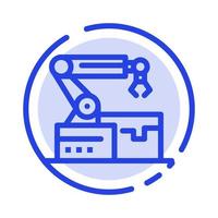 icono de línea de línea punteada azul de tecnología de brazo robótico automatizado vector