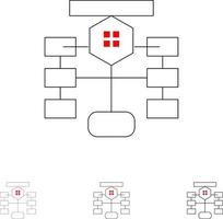 diagrama de flujo base de datos de datos de diagrama de flujo conjunto de iconos de línea negra en negrita y delgada vector