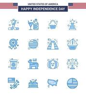 Happy Independence Day Pack of 16 Blues Signs and Symbols for holiday award bottle achievement sweet Editable USA Day Vector Design Elements