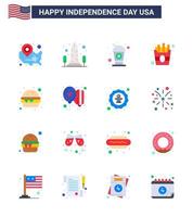 Flat Pack of 16 USA Independence Day Symbols of burger food usa fast drink Editable USA Day Vector Design Elements