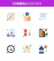 9 paquete de iconos de covid19 de coronavirus de color plano, como papel de transporte de medicamentos, ambulancia médica, elementos de diseño de vector de enfermedad de coronavirus viral 2019nov