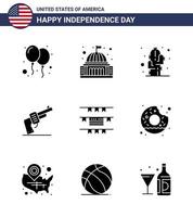 Group of 9 Solid Glyphs Set for Independence day of United States of America such as buntings weapon white hand desert Editable USA Day Vector Design Elements