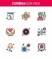 Coronavirus Prevention Set Icons 9 Filled Line Flat Color icon such as medical sign healthcare pain health care hands viral coronavirus 2019nov disease Vector Design Elements