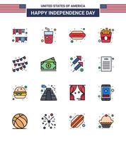 conjunto de 16 iconos del día de los ee.uu. símbolos americanos signos del día de la independencia para la decoración de fiestas papas fritas vino comida caliente i editable elementos de diseño del vector del día de los ee.uu.