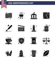 16 signos de glifo sólido para el día de la independencia de EE. UU. Deportes béisbol mapa de pelota estadounidense editable elementos de diseño vectorial del día de EE. UU. vector