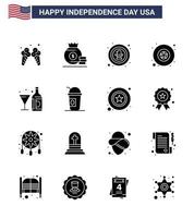 Happy Independence Day USA Pack of 16 Creative Solid Glyphs of wine star american military badge Editable USA Day Vector Design Elements