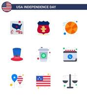 9 USA Flat Pack of Independence Day Signs and Symbols of drink bottle basketball usa hat Editable USA Day Vector Design Elements