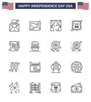 Happy Independence Day 16 Lines Icon Pack for Web and Print paper sign usa shield usa Editable USA Day Vector Design Elements