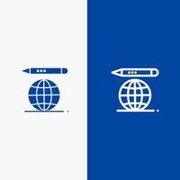 globo de educación mundial línea de lápiz y glifo icono sólido bandera azul vector