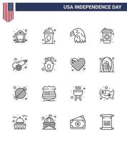 feliz día de la independencia paquete de iconos de 16 líneas para web e impresión botella de bebida animal del ejército de guerra elementos de diseño vectorial del día de estados unidos editables vector