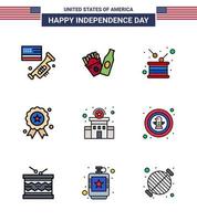 Happy Independence Day Pack of 9 Flat Filled Lines Signs and Symbols for police medal drum independence day holiday Editable USA Day Vector Design Elements