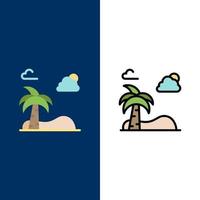 playa palmera primavera iconos plano y línea llena conjunto de iconos vector fondo azul