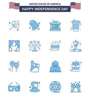 USA Happy Independence DayPictogram Set of 16 Simple Blues of theatre entertainment drum drink bottle Editable USA Day Vector Design Elements