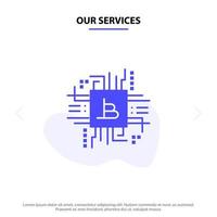 nuestros servicios industria del dinero bitcoin computadora finanzas icono de glifo sólido plantilla de tarjeta web vector