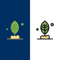 iconos de motivación de planta de hoja plano y conjunto de iconos llenos de línea vector fondo azul