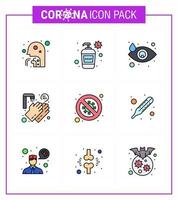 Paquete de iconos de corona de virus viral de color plano de 9 líneas rellenas, como bacterias, lavado, lavado a mano, lágrima médica, coronavirus viral 2019nov, elementos de diseño de vectores de enfermedad