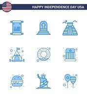 Set of 9 Modern Blues pack on USA Independence Day nutrition donut building tent camp Editable USA Day Vector Design Elements