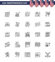 Set of 25 Vector Lines on 4th July USA Independence Day such as location pin usa independence states food Editable USA Day Vector Design Elements