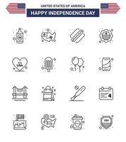 Set of 16 Modern Lines pack on USA Independence Day american heart american badge flag Editable USA Day Vector Design Elements