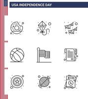 9 USA Line Signs Independence Day Celebration Symbols of flag usa buntings american football Editable USA Day Vector Design Elements