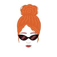 Red curly girl with retro sunglasses. Illustration for backgrounds, covers and packaging. Image can be used for greeting cards, posters, stickers and textile. Isolated on white background. vector