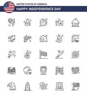 feliz día de la independencia paquete de iconos de 25 líneas para web e impresión postre usa american united map editable usa day elementos de diseño vectorial vector