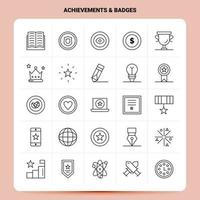 OutLine 25 Achievements Badges Icon set Vector Line Style Design Black Icons Set Linear pictogram pack Web and Mobile Business ideas design Vector Illustration