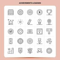 OutLine 25 Achievements Badges Icon set Vector Line Style Design Black Icons Set Linear pictogram pack Web and Mobile Business ideas design Vector Illustration