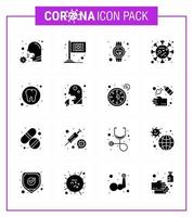 conjunto de iconos covid19 para infografía 16 paquete negro de glifo sólido, como propagación epidémica, corona médica, pulso, coronavirus viral, 2019nov, elementos de diseño de vectores de enfermedades