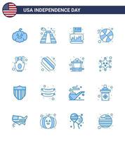 Pack of 16 USA Independence Day Celebration Blues Signs and 4th July Symbols such as fries chips cake sports basketball Editable USA Day Vector Design Elements