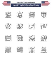 Happy Independence Day USA Pack of 16 Creative Lines of cash money star dollar seurity Editable USA Day Vector Design Elements