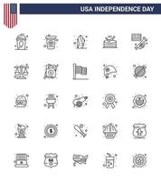 Modern Set of 25 Lines and symbols on USA Independence Day such as speaker parade cactus music drum Editable USA Day Vector Design Elements