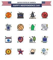 Happy Independence Day USA Pack of 16 Creative Flat Filled Lines of beverage sports launcher ball usa Editable USA Day Vector Design Elements