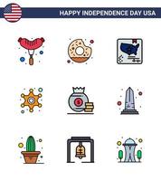 gran paquete de 9 estados unidos feliz día de la independencia líneas planas llenas de vector de estados unidos y símbolos editables de dinero dólar bandera policía signo policía elementos de diseño de vector de día de estados unidos editables