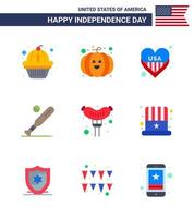 9 USA Flat Signs Independence Day Celebration Symbols of frankfurter usa heart sports baseball Editable USA Day Vector Design Elements