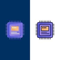 iconos de hardware de computadora de almacenamiento de cpu plano y conjunto de iconos llenos de línea vector fondo azul