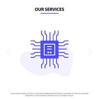 Our Services Book Cpu Learning Technology Solid Glyph Icon Web card Template vector