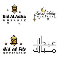 Eid Mubarak Calligraphy Pack Of 4 Greeting Messages Hanging Stars and Moon on Isolated White Background Religious Muslim Holiday vector