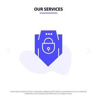 nuestros servicios protección de contraseña de internet seguridad web icono de glifo sólido plantilla de tarjeta web vector