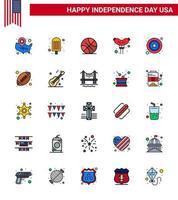 USA Happy Independence DayPictogram Set of 25 Simple Flat Filled Lines of star men backetball sausage food Editable USA Day Vector Design Elements